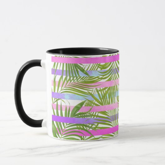Tropische Palmen Moderne rosa violette Streifen Tasse (Links)
