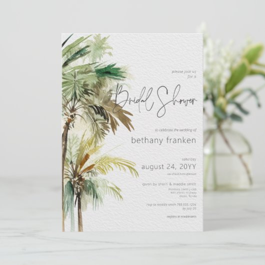 Tropische Palmen Modernes Brautparty Einladung (Stehend Vorderseite)
