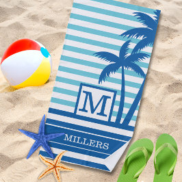 Tropische Palmen Monogramm Name Aqua Blue Strip Strandtuch