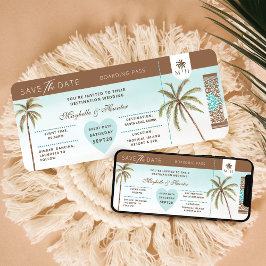 Tropische Palmen Save the Date Boarding Pass Einladung