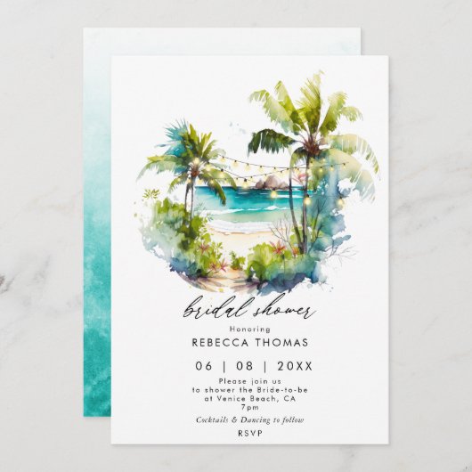 Tropische Palmen Strand Brautdusche Einladung (Vorne/Hinten)