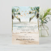 Tropische Palmen Strand Lichter Hochzeit Einladung (Stehend Vorderseite)