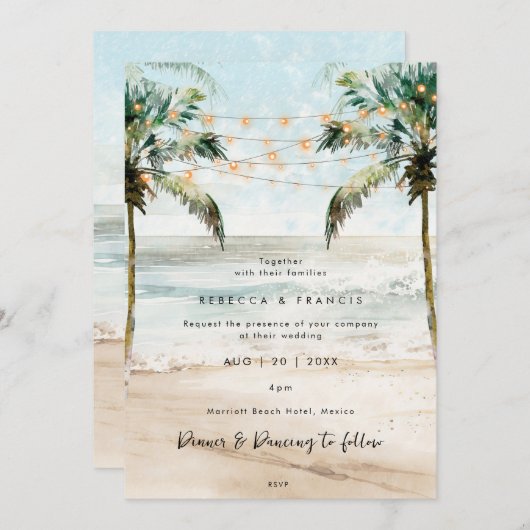 Tropische Palmen Strand Lichter Hochzeit Einladung (Vorne/Hinten)