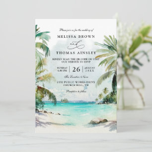 Tropische Palmen Strand Szene QR-Code Hochzeit Einladung