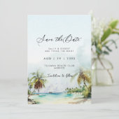 Tropische Palmen Strand-Szene Save the Date Karte (Stehend Vorderseite)