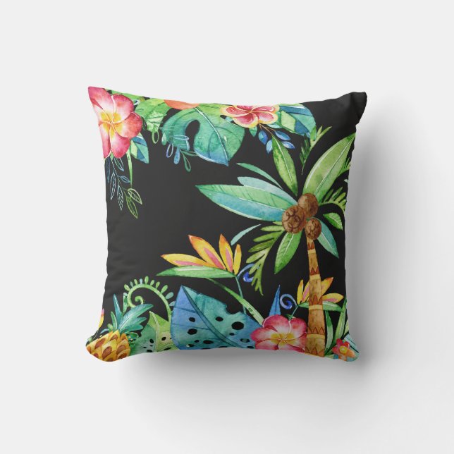 Tropische Palmen und tropische Wasserfarbe Schwarz Kissen (Vorderseite)