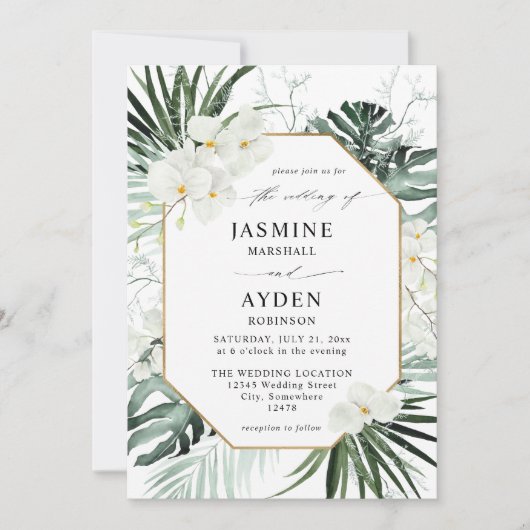 Tropische Palmen- und Weißblumenhochzeit V2 LN Einladung (Vorderseite)