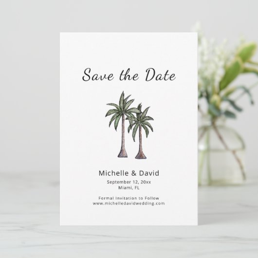 Tropische Palmen Zeichnend Hochzeit in Urlaubsort Save The Date (Stehend Vorderseite)