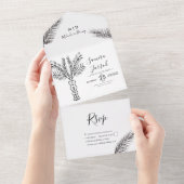 Tropische Palmenbaum Abstrakte Händeschlittenhochz All In One Einladung (Abreißen)