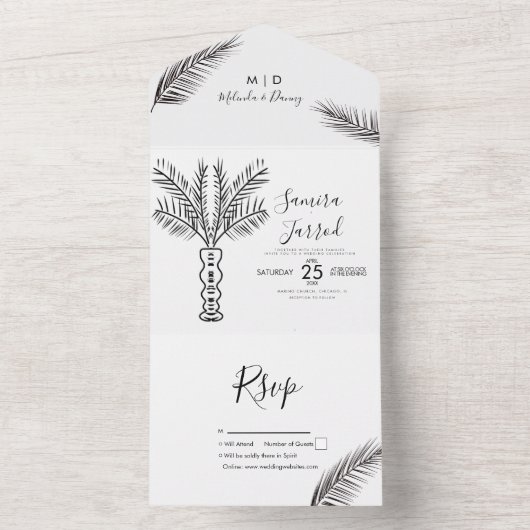 Tropische Palmenbaum Abstrakte Händeschlittenhochz All In One Einladung (Innen Boden)