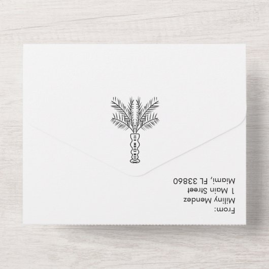 Tropische Palmenbaum Abstrakte Händeschlittenhochz All In One Einladung (Rückseite)