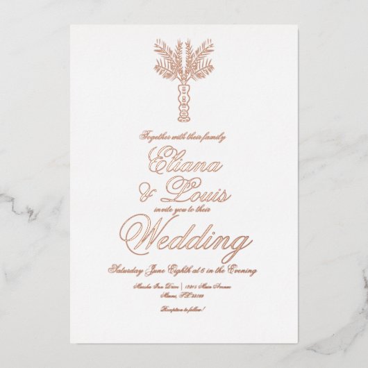 Tropische Palmenbaum handgezogene Hochzeit gepress Folieneinladung (Vorderseite)