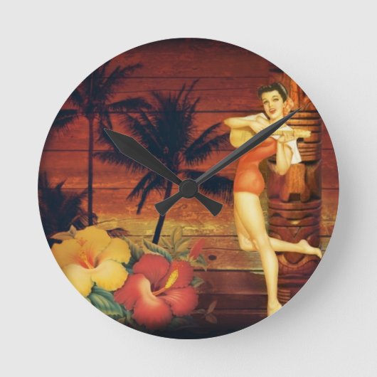 Tropische Palmenbaum Totem Pol hawaiian Girl aloha Runde Wanduhr (Vorderseite)