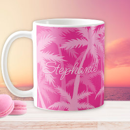 Tropische Palmenbäume, Mit Monogramm, heiß rosa Kaffeetasse