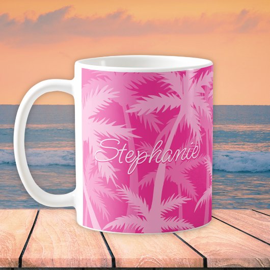 Tropische Palmenbäume, Mit Monogramm, heiß rosa Kaffeetasse