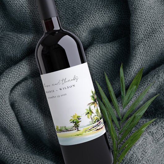 Tropische Palmenbäume Wasserfarbenhochzeit Weinetikett