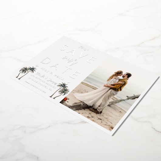 Tropische Palmenbaumküste Hochzeit speichern Sie d Folieneinladung (Gedreht)