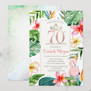 Tropische Palmenblätter Blumen Rosa Flamingo 70er Einladung