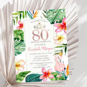 Tropische Palmenblätter Blumen Rosa Flamingo 80er Einladung