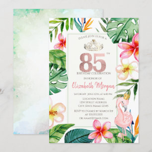 Tropische Palmenblätter Blumen Rosa Flamingo 85. Einladung