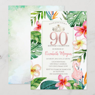 Tropische Palmenblätter Blumen Rosa Flamingo 90er Einladung