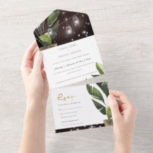 TROPISCHE PALMENBLÄTTER GIRLANDENLICHTER HOCHZEIT ALL IN ONE EINLADUNG