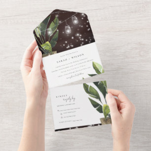TROPISCHE PALMENBLÄTTER GIRLANDENLICHTER HOCHZEIT ALL IN ONE EINLADUNG