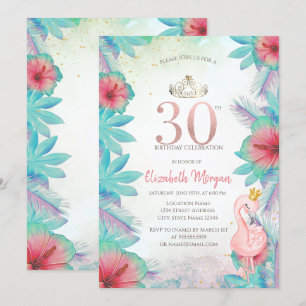 Tropische Palmenblätter Hibiskus Rosa Flamingo 30. Einladung