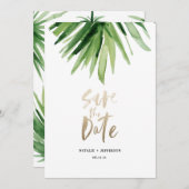 Tropische Palmenblätter und Goldschrift Save The Date (Vorne/Hinten)