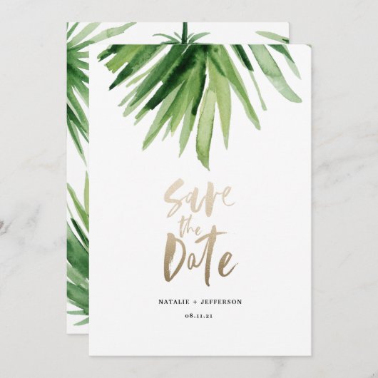 Tropische Palmenblätter und Goldschrift Save The Date (Vorne/Hinten)