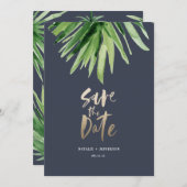 Tropische Palmenblätter und Goldschrift Save The Date (Vorne/Hinten)