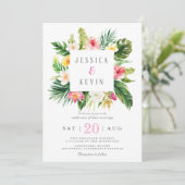 Tropische Palmenblätter und Personalisierte Blumen Einladung (Stehend Vorderseite)
