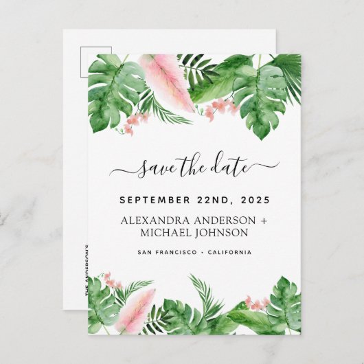Tropische Palmenflora Wasserfarbe Save the Date Ankündigungspostkarte (Vorne/Hinten)