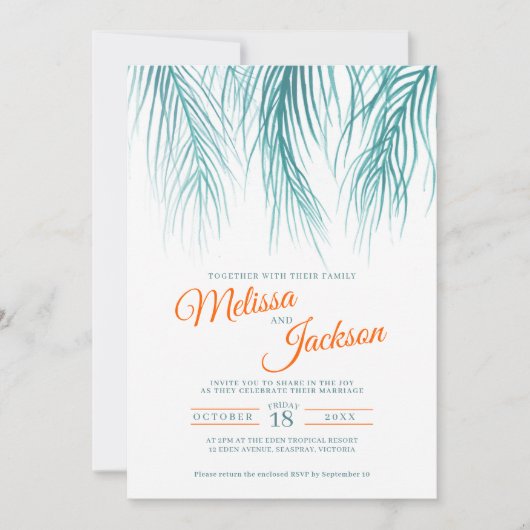 Tropische Palmenfront Wasserfarbe aquamarin orange Einladung (Vorderseite)