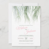Tropische Palmenfronten Aquarellfarben Rosa Hochze Einladung (Vorderseite)