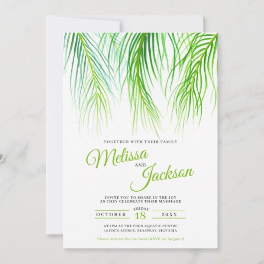 Tropische Palmenfronten Aquarellmalerei Hochzeit Einladung (Vorderseite)
