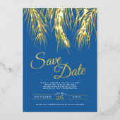 Tropische Palmenfronten Save the Date blaues Gold Folieneinladung (Vorderseite)