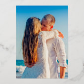 Tropische Palmenfronten Save the Date blaues Gold Folieneinladung (Rückseite)