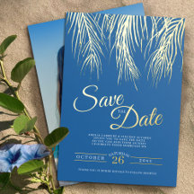 Tropische Palmenfronten Save the Date blaues Gold