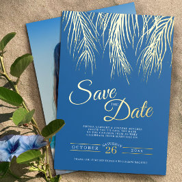 Tropische Palmenfronten Save the Date blaues Gold Folieneinladung