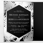 Tropische Palmenhochzeit mit schwarzem und silberf Dreifach Gefaltete Einladung (Innen Erste Seite)