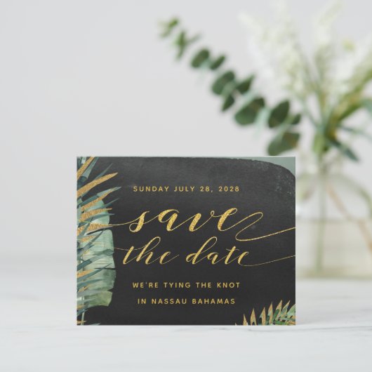 Tropische Palmenhochzeit rettet das Datum Save The Date (Stehend Vorderseite)