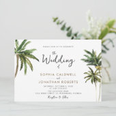 Tropische Palms-Kalligraphie-Hochzeit in Urlaubsor Einladung (Stehend Vorderseite)