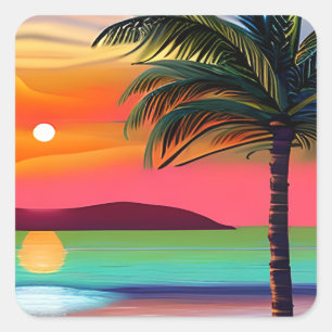 Tropische Palmsteine und Sonnenuntergänge Quadratischer Aufkleber