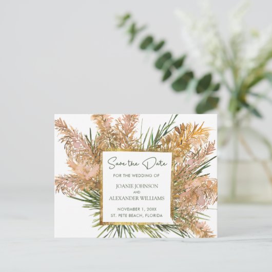 Tropische Pampas-Gras-Hochzeit retten das Datum Ankündigungspostkarte (Stehend Vorderseite)