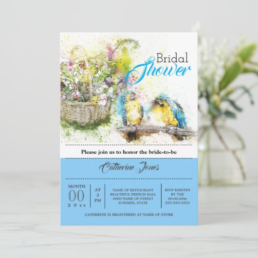 Tropische Papageien Blume Aquarellblau Einladung (Stehend Vorderseite)