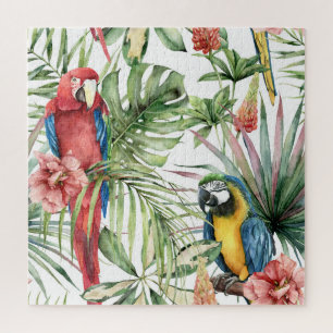 Tropische Papageien, Hibiskus: Aquarellmuster. Puzzle