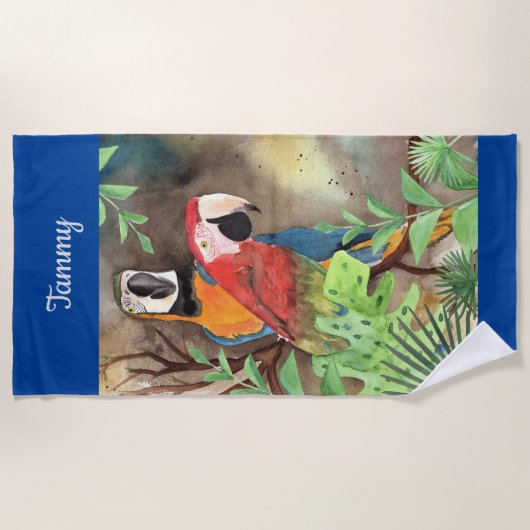 Tropische Papageien im blauen personalisierten Strandtuch (Vorderseite)