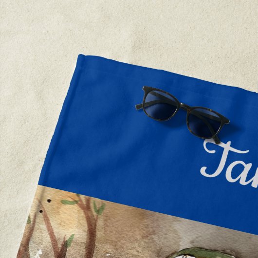 Tropische Papageien im blauen personalisierten Strandtuch (Beispiel)