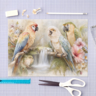 Tropische Papageien Wasserfall Decoupage Seidenpapier